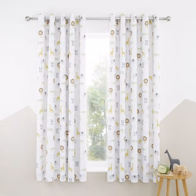 Catherine Lansfield Roarsome Animals Blackout Eyelet Curtains, White and Beige, W: 167.64 cm, H: 182.88 cm