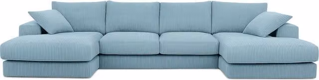 LUXURY LIFE Brooklyn L-Shape Corner Sofa with Matching Ottoman and Scatter Cushions in Pale Blue Jumbo Cord Fabric – 1
