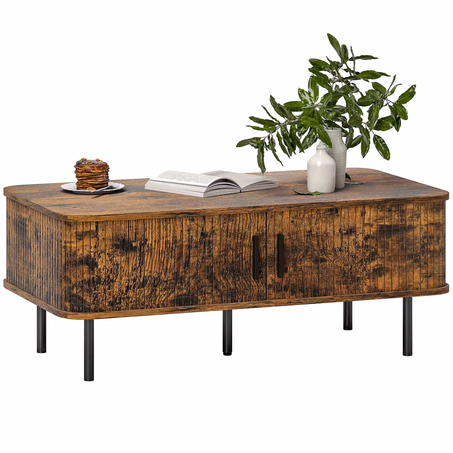HOMCOM Mid-Century Rectangular Coffee Table with Storage and Sliding Doors in Brown – 2