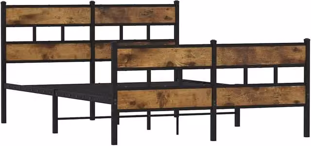 Berkfield Home Industrial Metal and Wood Bed Frame in Smoked Oak and Black, W/D/H: 140 x 190 x 91.5 cm