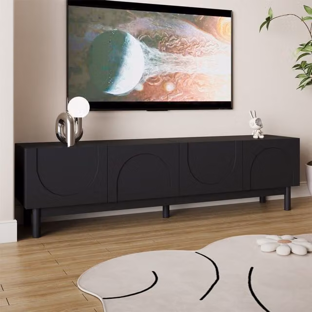Aosom UK Modern Black TV Cabinet with Curved Doors and Shelves, W: 169 cm, D: 34 cm, H: 45.5 cm – 1