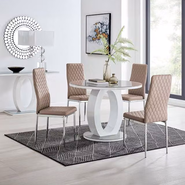 FurnitureboxUK Giovani Round Dining Table and 4 Milan Chairs Set, Grey, Diameter: 120 cm