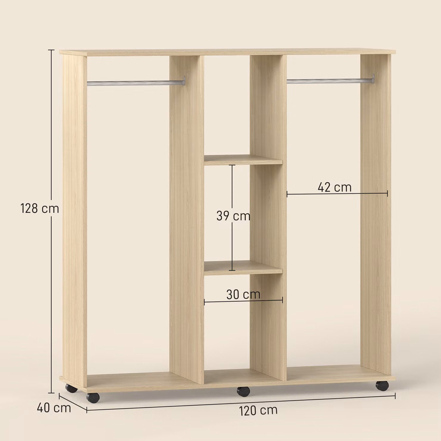 HOMCOM Open Wardrobe with Double Mobile Storage Shelves and Clothes Rail in Natural Brown and Beige, W/D/H: 120 x 30 x 128 cm – 3