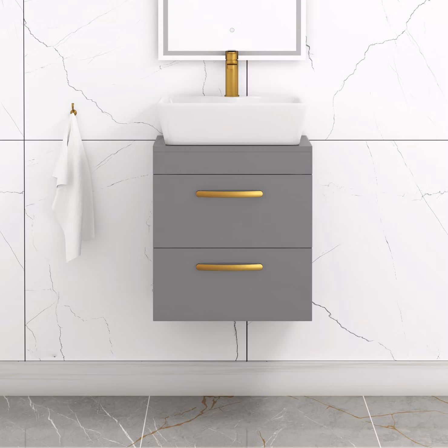 Royal Bathrooms 500mm Wall Hung Vanity Unit with 2 Drawers and Cube Countertop Basin in Indigo Grey Gloss with Brushed Brass Handle