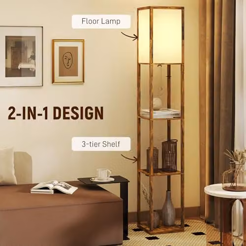 HOMCOM 4-Layer Rustic Brown Column Standing Floor Lamp with USB Ports and E27 Socket – 3