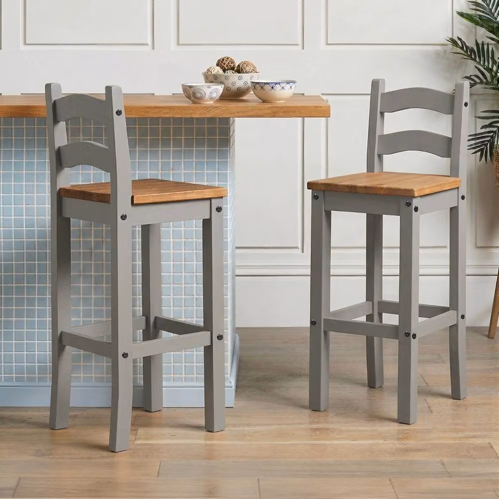 NESTLUNE Corona Pair of Grey Painted Tall Bar Stools in Solid Pine and Metal – 2