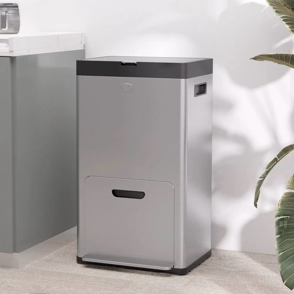 NESTLUNE 3 Compartment Stainless Steel Pedal Kitchen Bin with Odour Filter, Silver, 56L, W: 100 cm, D: 15 cm, H: 15 cm – 3