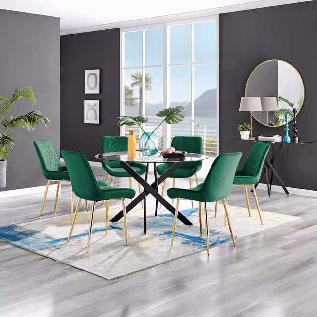FurnitureboxUK Novara Round Glass Dining Table with 6 Pesaro Gold Leg Chairs in Green