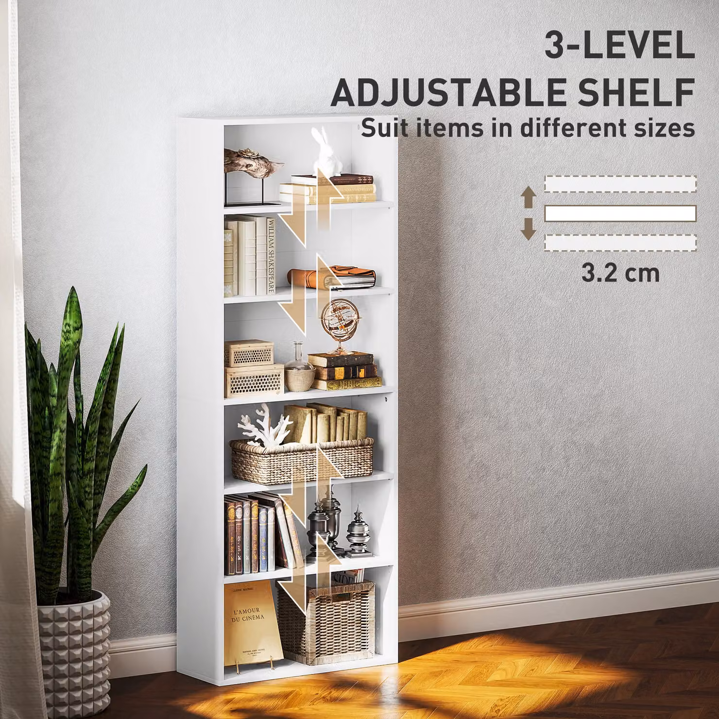 HOMCOM 6 Tier Freestanding White Bookshelf with Adjustable Shelves – 4