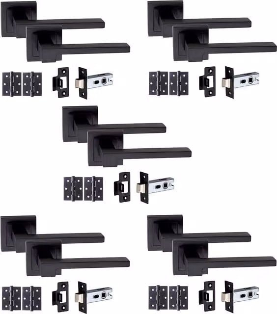 Golden Grace Matt Black Door Handle on Square Rose, 5 Set