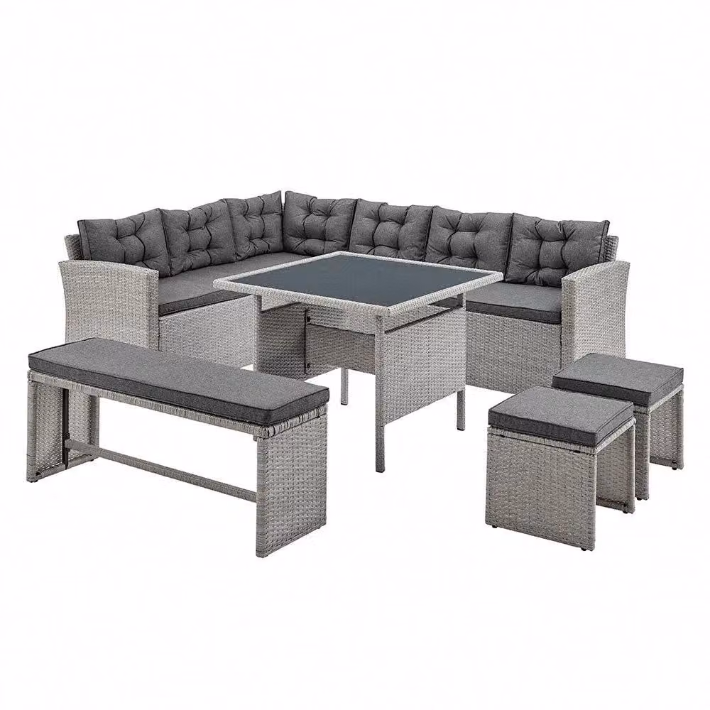Home Detail Chile Grey Polyrattan Outdoor Garden Furniture Set with Sofa, Table, Bench and 2 Stools – 2