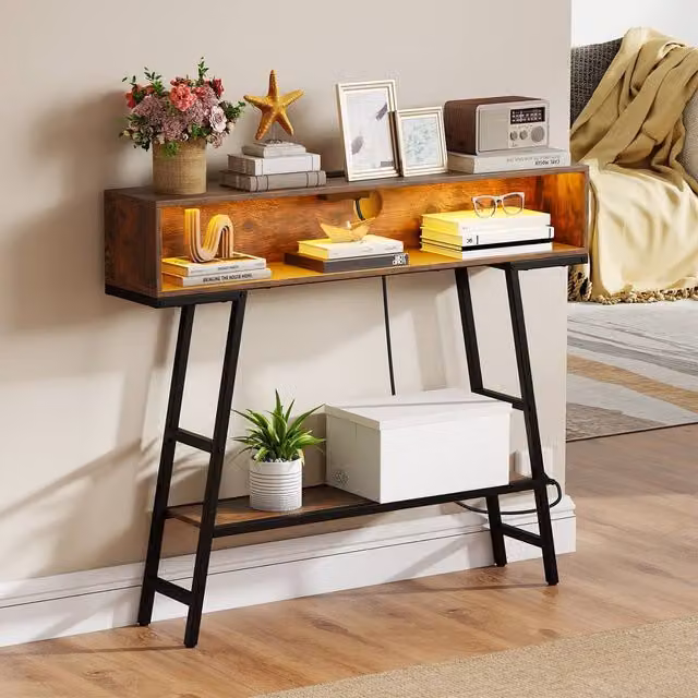 Costway 3-Tier Industrial Console Table with LED Light in Brown – 1