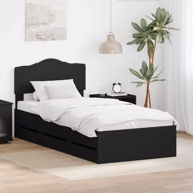 Berkfield Home Modern Bed Frame with Drawers in Black, Engineered Wood, W/D/H: 90 x 190 cm