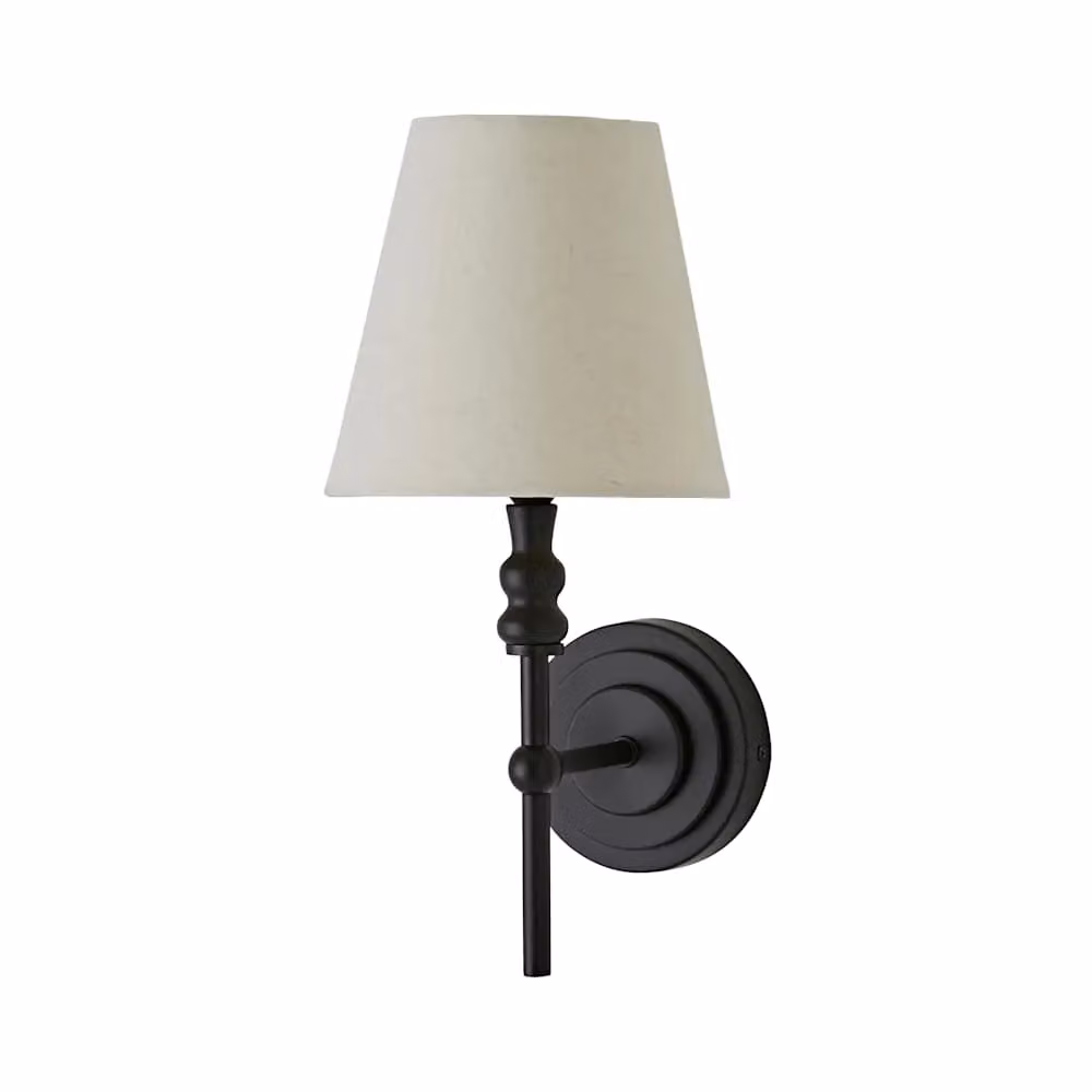 ValueLights Maggie Candlestick Wall Light with Linen Tapered Shade and Bulb in Black – 2