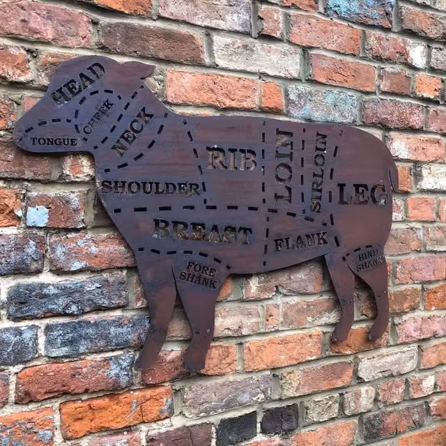 RW NORFOLK Rusty Lamb Metal Wall Sign, Brown Kitchen and Garden Decor, H 96.0 cm x W 64.5 cm x D 1.0 cm