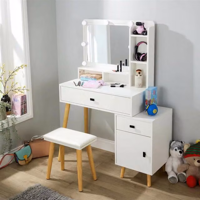 Home Source Nova Dressing Table with 3 Drawer Unit, LED Touch Mirror and Stool in White