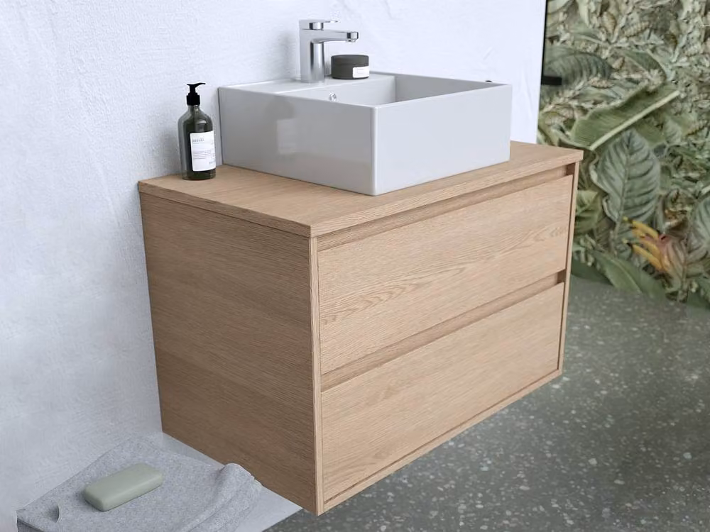 Vente-unique Suspended Bathroom Cabinet with Countertop Vessel in Light Oak Veneer, W/D/H: 80 x 45 x 50 cm – 2