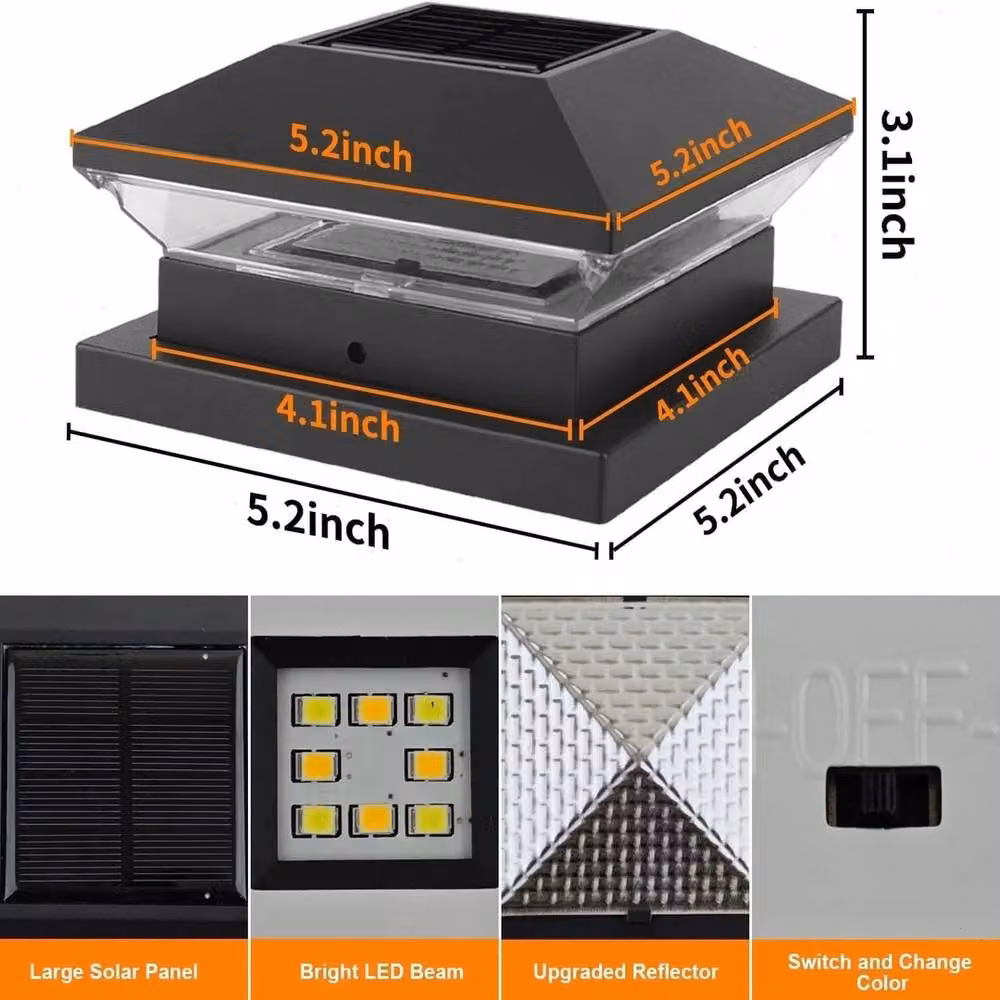 VOGREX Solar Powered LED Deck Post Light in Black for Garden and Terrace – 2