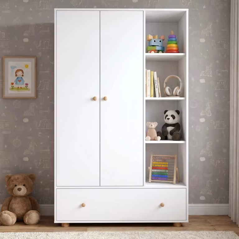 DHS Kids Triple Wardrobe with Drawers and Open Shelves in White