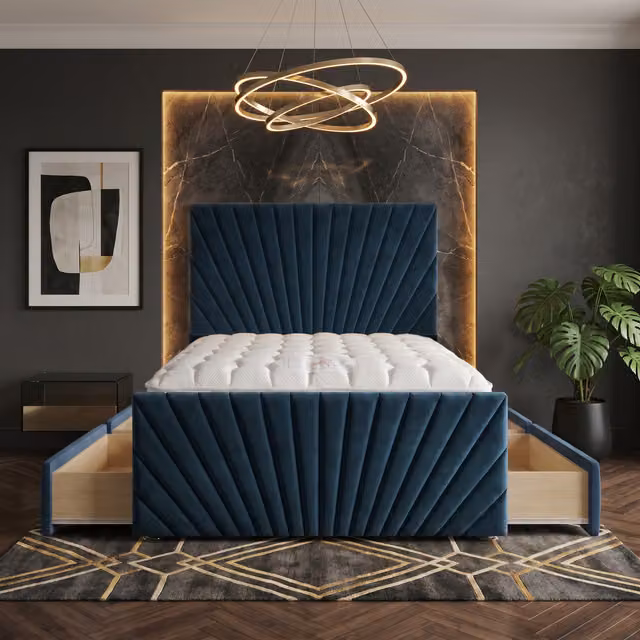Somnior Beds Ltd Blue Velvet Hybrid Divan Bed with Drawers, W/D/H: 140 x 200 x 115 cm