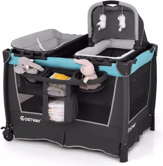 CASART 5-in-1 Foldable Travel Cot Baby Playard with Bassinet and Changing Table in Multicolour – 1