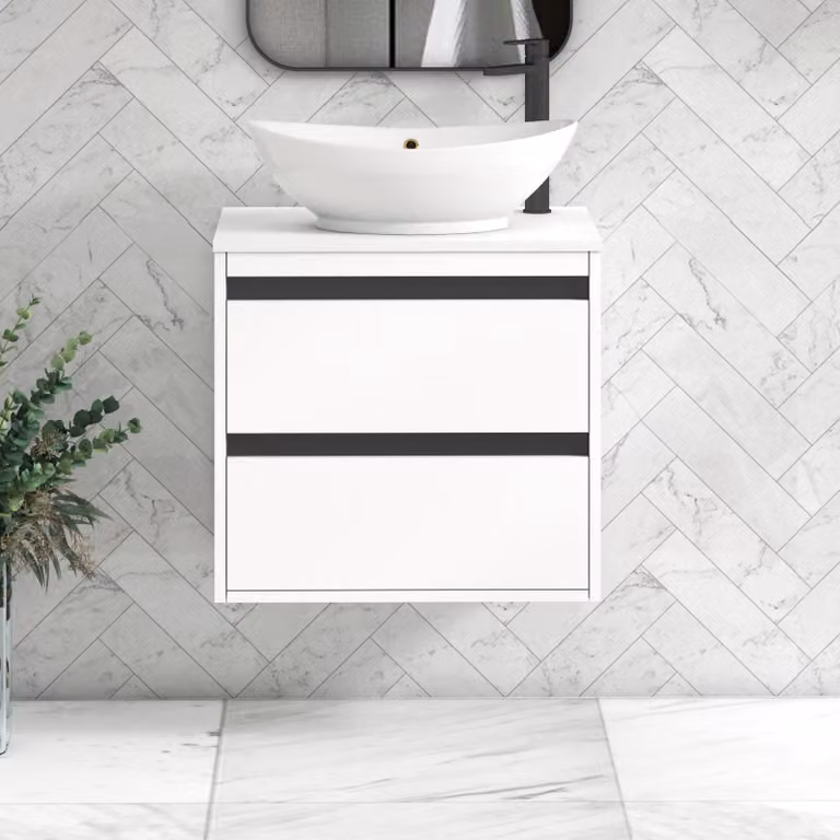 Royal Bathrooms Orion 600mm Matt White Wall Hung 2 Drawer Vanity Unit with Amaze Basin and Black Accent Trim