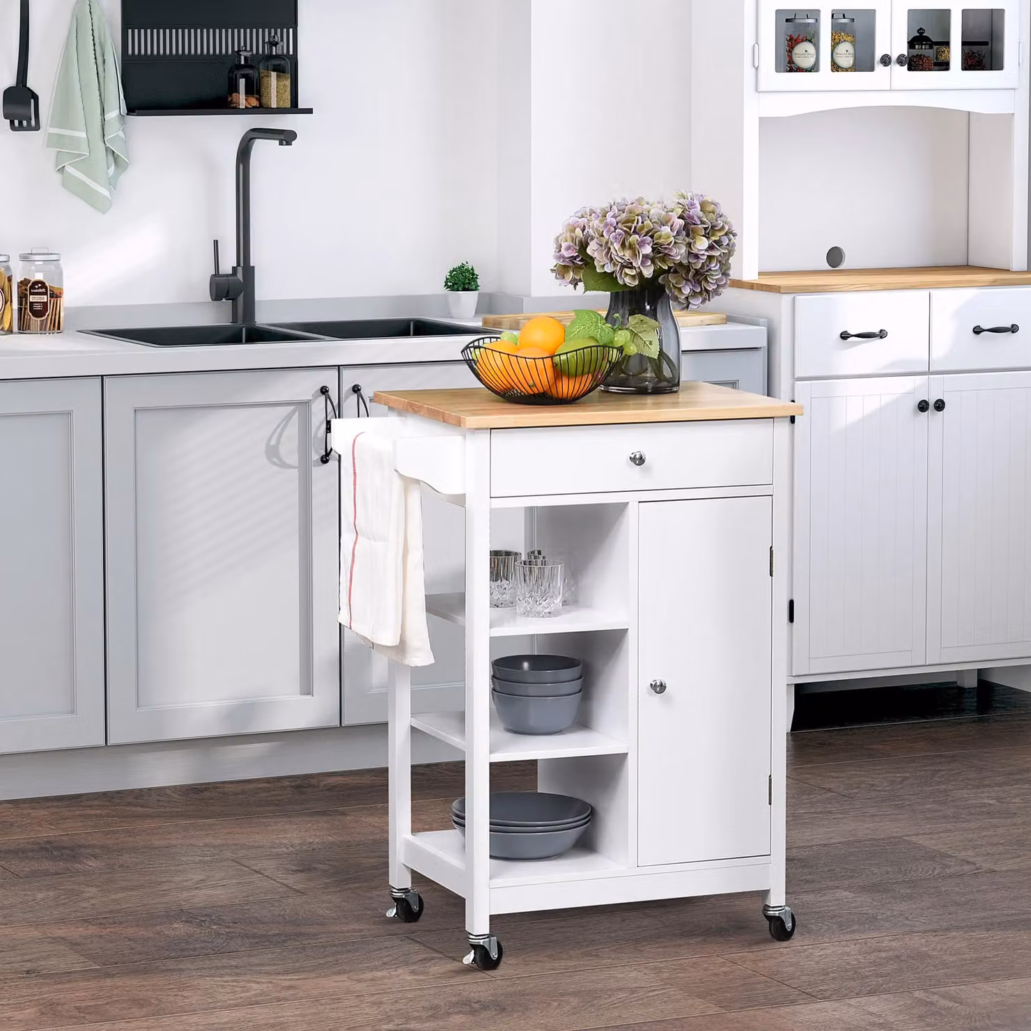 HOMCOM Kitchen Storage Trolley Cart with Wood Top, Shelves and Drawer in White – 2