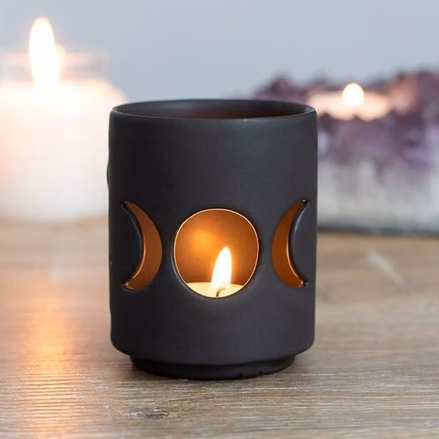 KDMK Triple Moon Ceramic Tealight Holder, Black Boho Geometric Tabletop Design