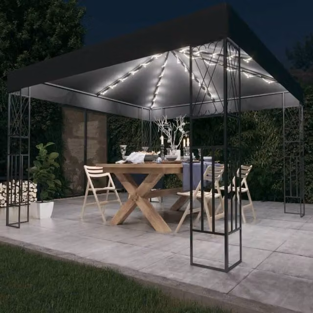Berkfield Home Gazebo with LED String Lights, Anthracite and Black, W/D: 3 x 3 m