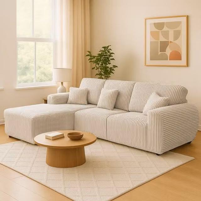 Furnishings For Less UK Vinci 4 Seater Left Hand Facing Corner Sofa in Ivory Chunky Cord Fabric – 1