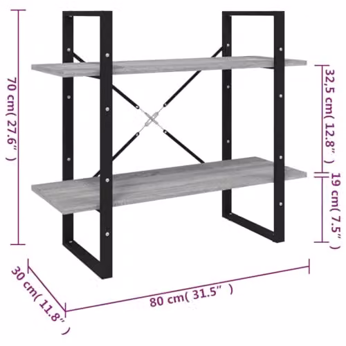 vidaXL 2-Tier Book Cabinet in Grey Sonoma, Freestanding MDF Display Shelf for Living Room, Bedroom or Office, W/D/H: 80 x 30 x 30 cm – 3
