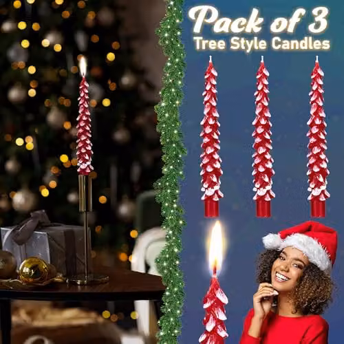 Deco Express Christmas Tree Dinner Candle Set in Red and White – 6