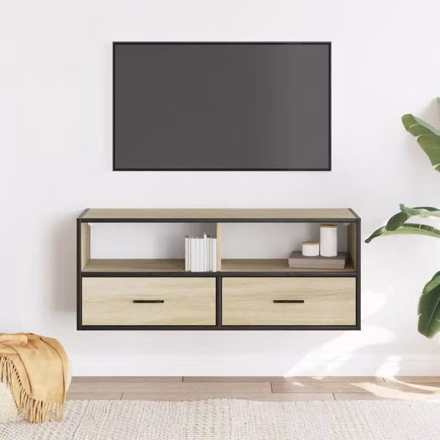 Berkfield Home TV Cabinet in Sonoma Oak and Beige, W: 100 cm, D: 31 cm, H: 39.5 cm – 1