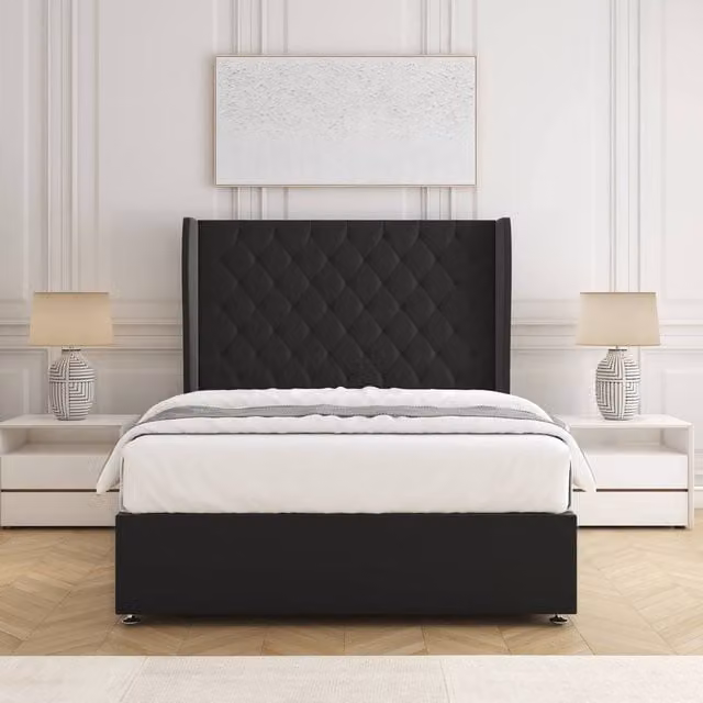 BSSPOKE Amelia Divan Bed Set with 54 inch Plush Velvet Headboard and Mattress in Black, W/D/H: 90 x 190 cm
