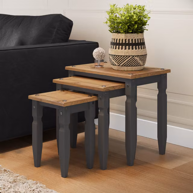 Mercers Furniture Corona Piccolo Nest of 3 Tables in Distressed Grey Waxed Solid Pine Wood