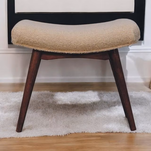 Artisan Furniture Solid Mango Wood Curved Bench in Honey Caramel Bouclé Fabric, Brown and Beige