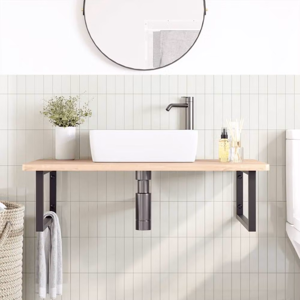 Berkfield Home Wall Mounted Basin Shelf in Beige Steel and Solid Beech Wood – 2