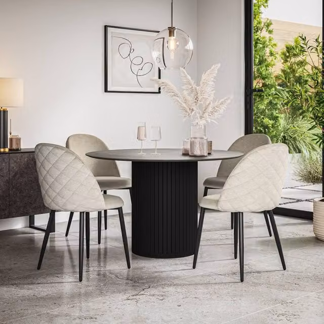 More4Homes Arlo Round Concrete Dining Table with Black Legs and 6 Raye Beige Velvet Dining Chairs Set – 1