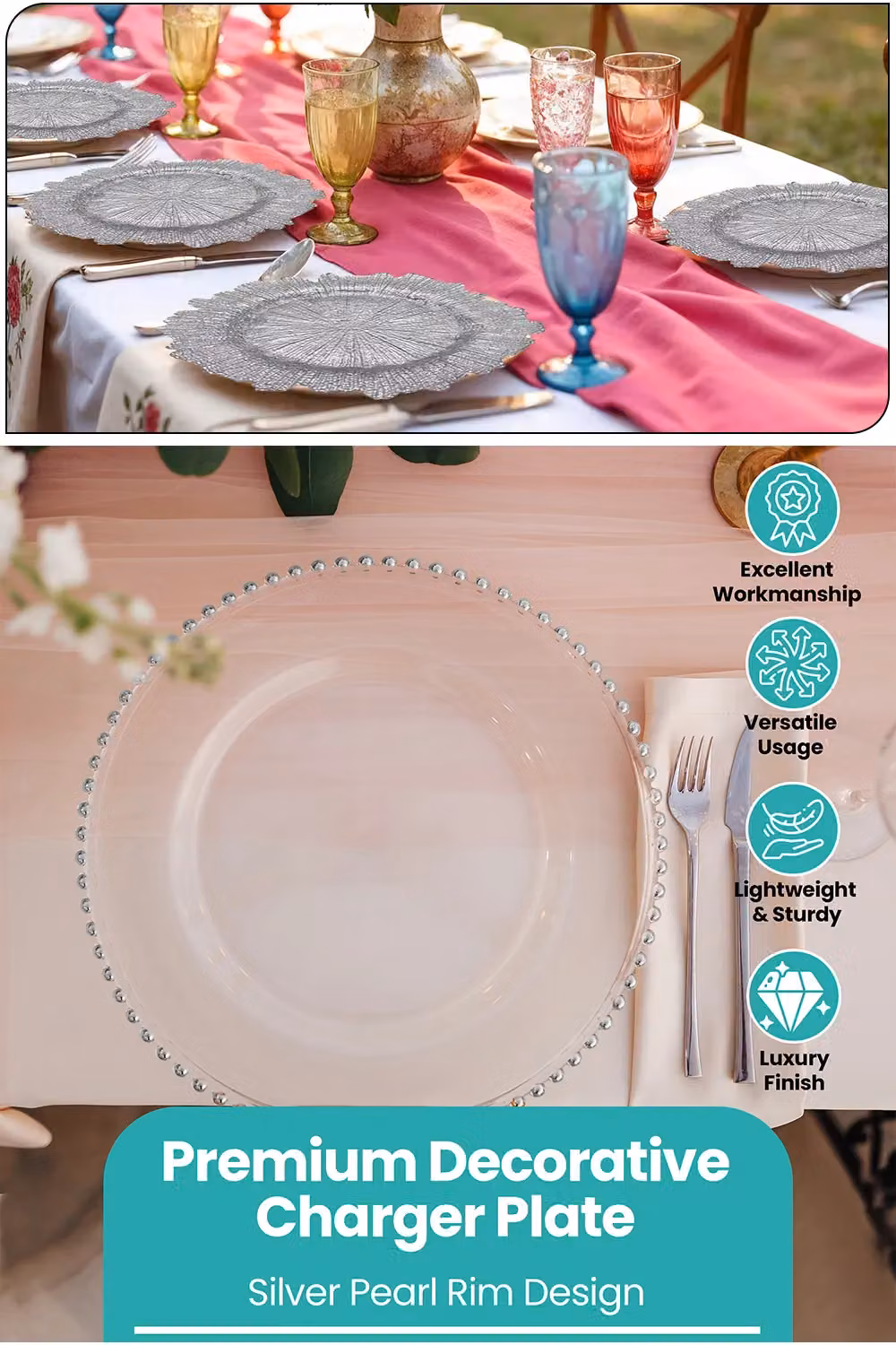 Neel Blue Beaded Design Glass Charger Plates in Blue and Silver, Diameter: 33 cm – 2