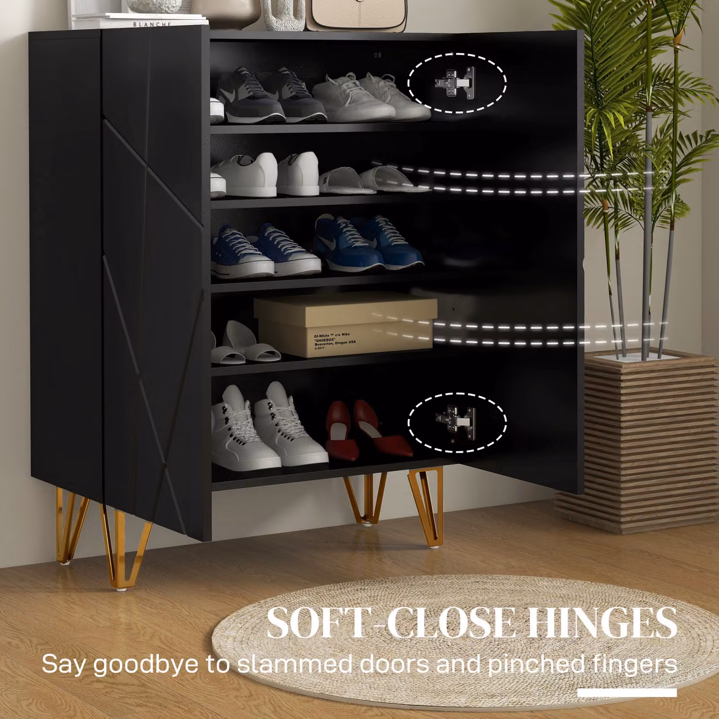 HOMCOM Narrow Black Shoe Storage Cabinet with Soft-Close Hinged Doors and Adjustable Internal Shelves – 5