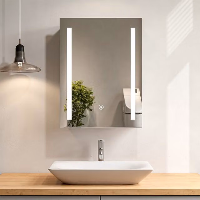 Livingandhome Modern Wall-Mounted Bathroom Mirror Cabinet with LED Lighting and Sensor Switch in Silver, Width: 45 cm
