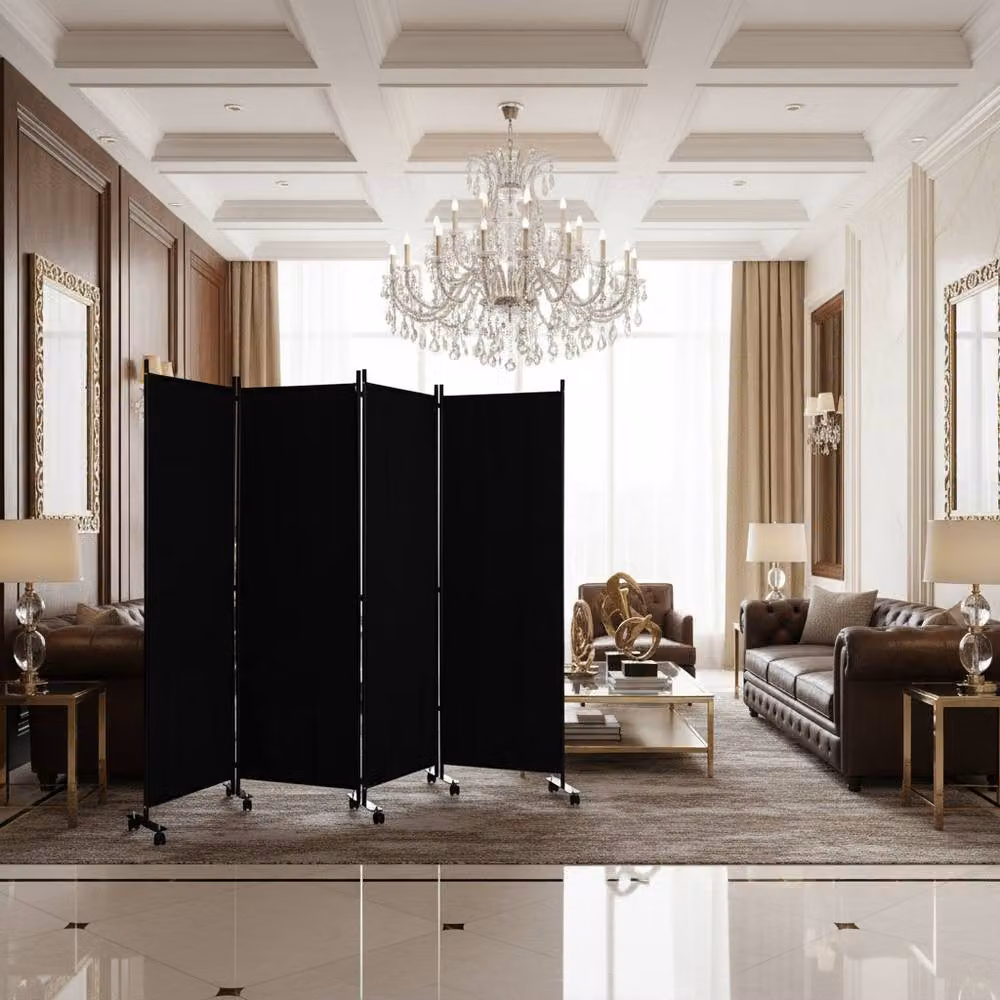 CASART 4 Panel Rolling Privacy Screen Room Divider in Black – 3