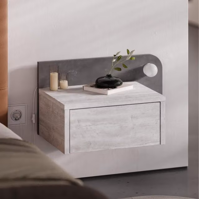 Decortie Dotta Modern Wall Mounted Bedside Table with Integrated Lighting in White and Grey – 1