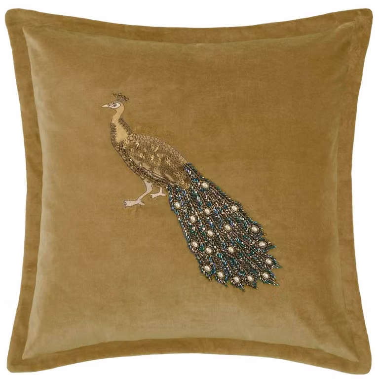 Voyage Maison Mayura Feather Filled Velvet Cushion with Peacock Embroidery in Gold/Yellow, W/D/H: 55 x 55 x 55 cm