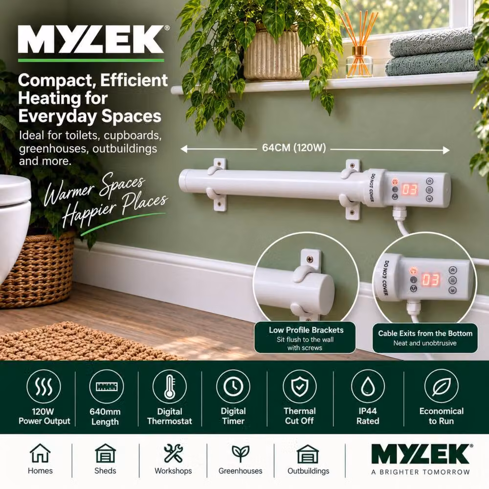 MYLEK White Wall Mounted Tubular Heater with Digital Timer and Frost Protection, 120W – 8