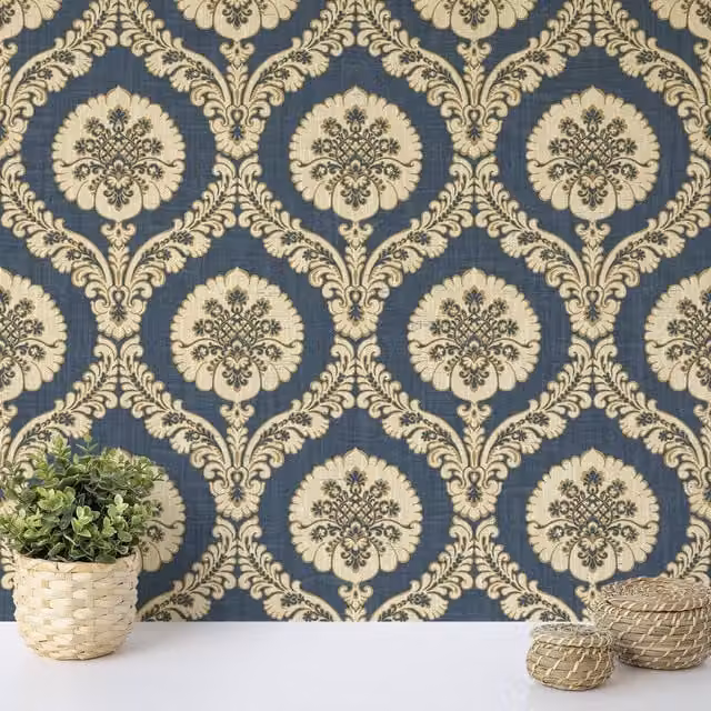 Wallquest Caspia Traditional Damask Floral Botanical Wallpaper in Blue, Cream and Silver