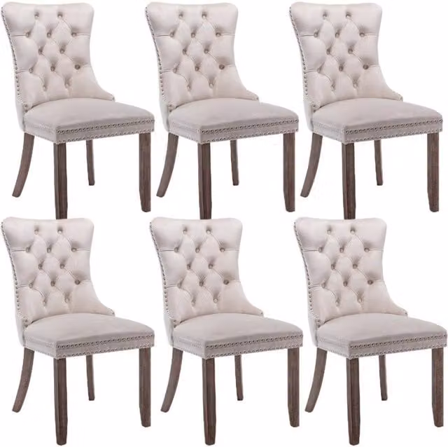 HomeTouch Romsey Set of 6 Velvet Upholstered Dining Chairs with Oak Legs and Knocker Ring Back in Beige