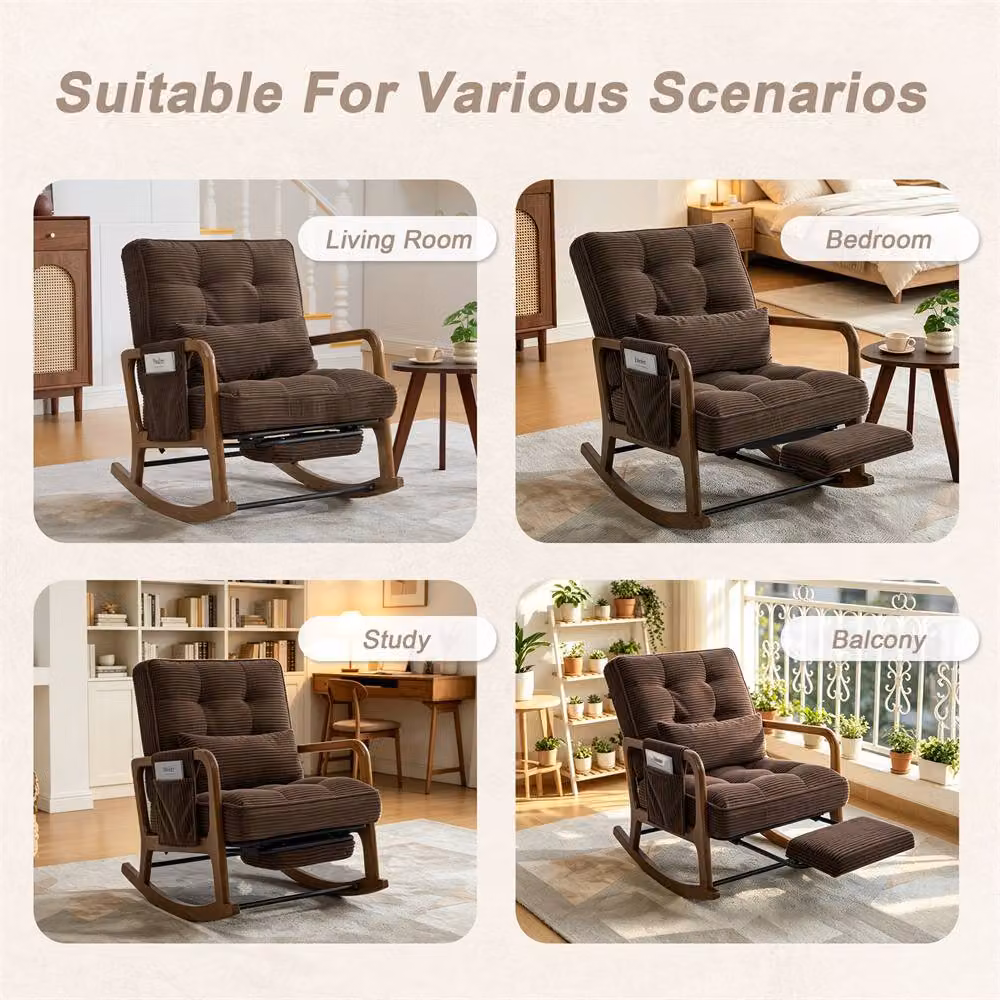 Direct Wicker Corduroy Upholstered Rocker Glider Chair with Footrest and Side Pocket in Dark Brown – 5