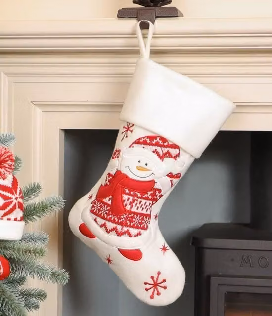 Dibor Set of 4 Smiling Snowman Children's Christmas Stocking Bags in White and Red – 1