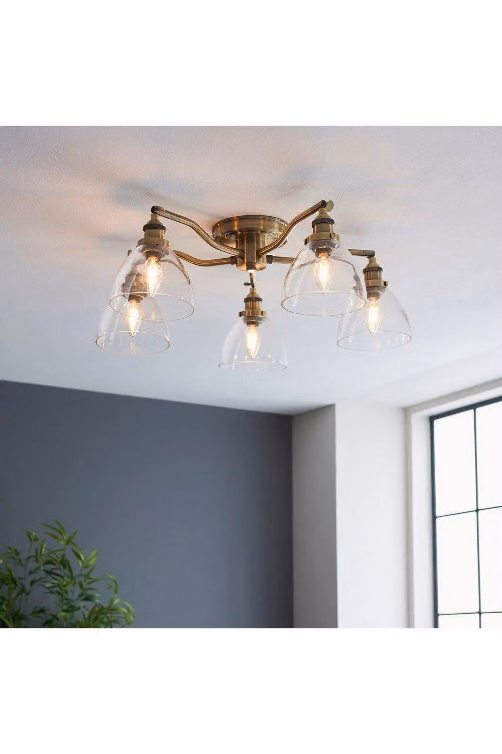 Netlighting Hansen Multi Arm Semi Flush Ceiling Lamp in Antique Brass and Transparent Glass – 2